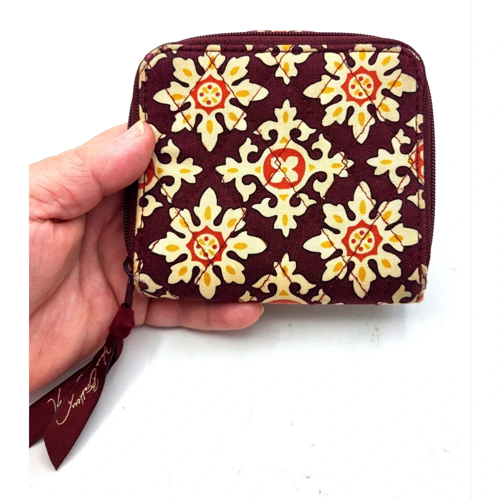 Vera Bradley Bifold Mini Zip Wallet Burgundy Gold Floral Medallions - Picture 7 of 8
